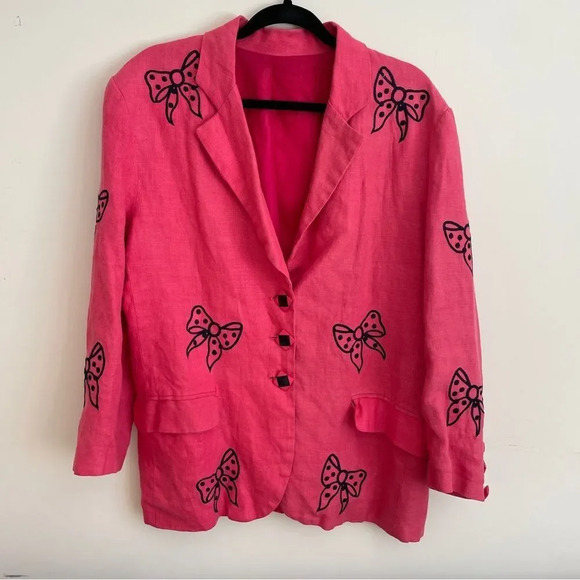 Vintage 80s‎ / 90s bright pink oversized blazer with embroidered  bow detail M - Picture 13 of 13